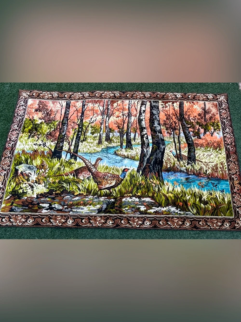 Autumn Pheasant Landscape Wall Tapestry in Rust and Blue